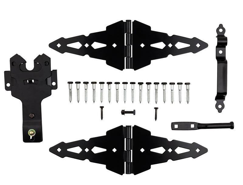 National Hardware Deluxe N109-306 Latch Decorative Strap Hinge Gate Kit, Heavy-Duty, Steel, Black, Powder-Coated