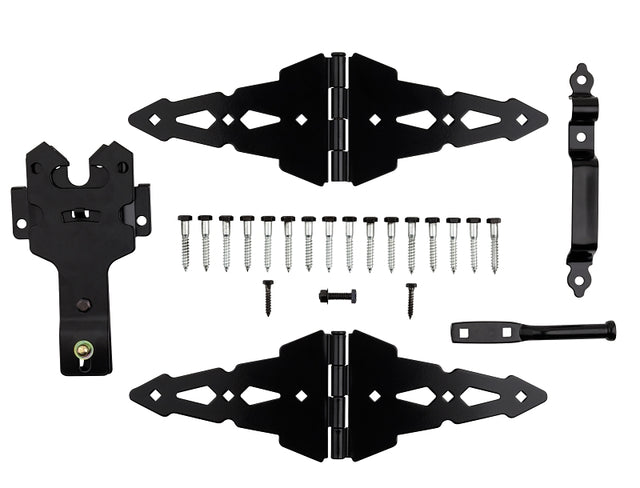National Hardware Deluxe N109-306 Latch Decorative Strap Hinge Gate Kit, Heavy-Duty, Steel, Black, Powder-Coated