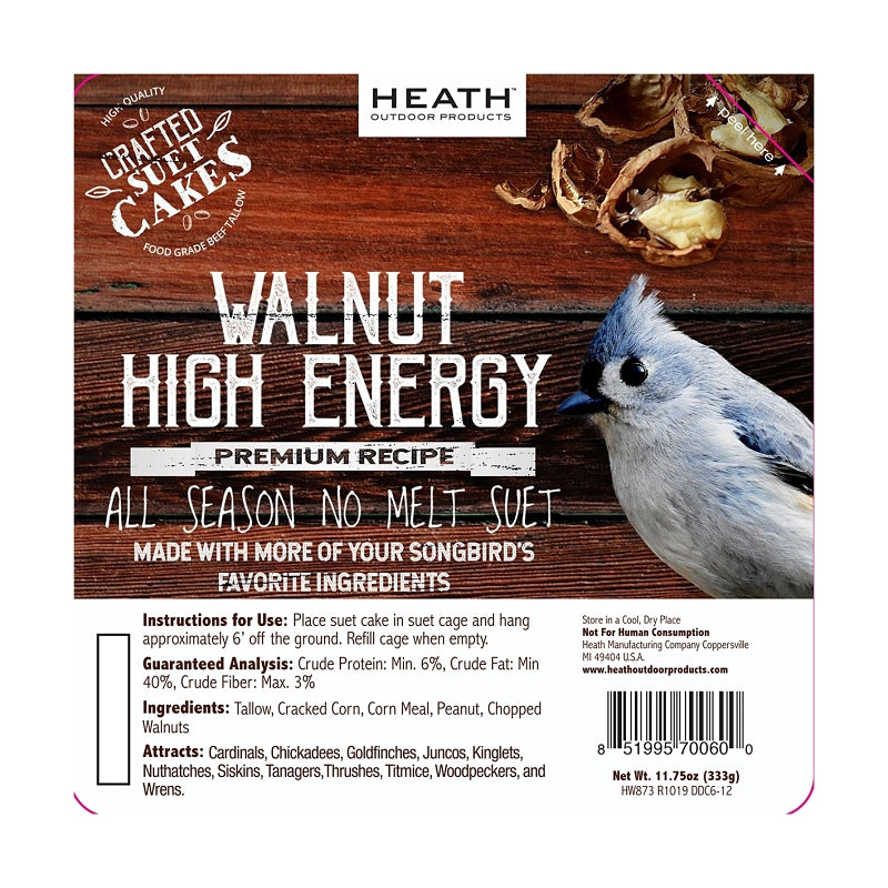 Heath DDC6-12 Wild Bird Seed, Crafted Suet, Cake, 11.75 oz Pack, Ingredients: Chopped Walnuts, Corn, Peanuts, 12/PK