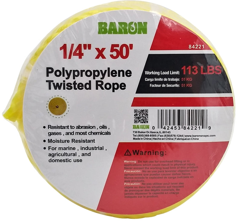 Baron 84221 Rope, 1/4 in Dia, 50 ft L, 113 lb Working Load, Polypropylene, Yellow