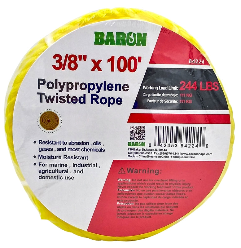 Baron 84224 Rope, 3/8 in Dia, 100 ft L, 244 lb Working Load, Polypropylene, Yellow