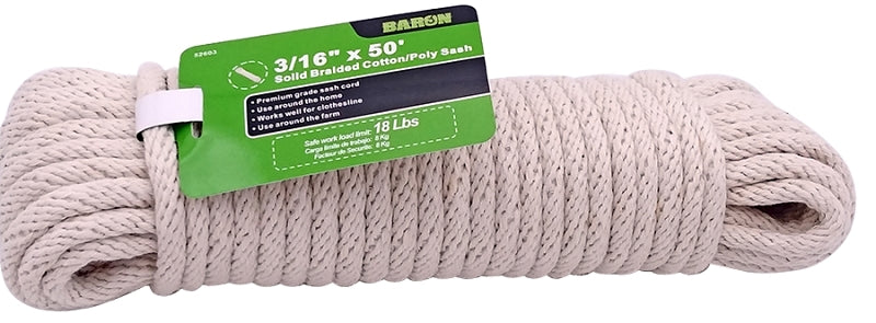 Baron 52603 Clothesline, 3/16 in, 50 ft L, Poly, White