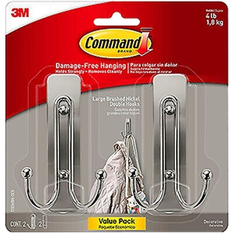 Command 17036BN-2ES Large Decorative Hook, 4 lb, 2-Hook, Metal/Plastic, Brushed Nickel