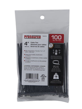 ProSource CT0902 Cable Tie, 4 inches, 18lb Tensile Strength, Self-Locking Locking, Nylon, Black