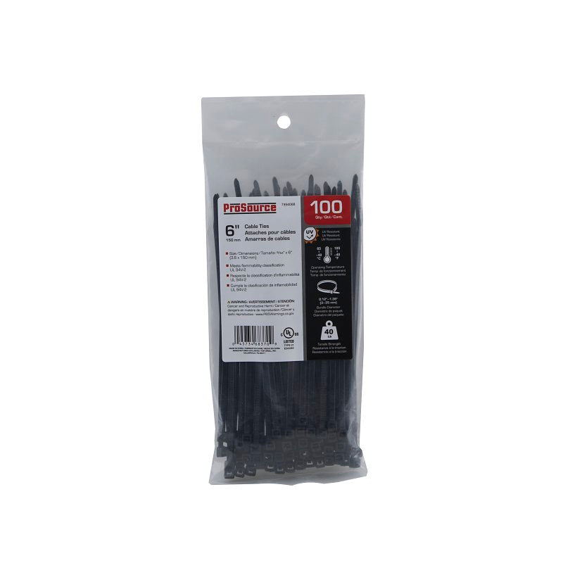 ProSource CT0905 Cable Tie, 6 inches, 40lb Tensile Strength, Self-Locking Locking, Nylon, Black