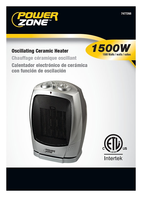 PowerZone PTC-903B Ceramic OSC Heater, 12.5 A, 120 V, 750 to 1500 W, 2-Heat Setting, Gray