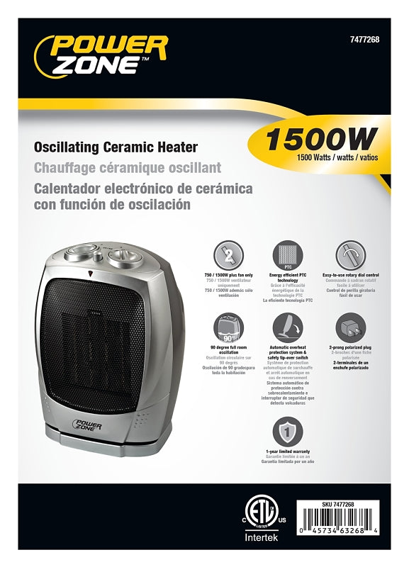 PowerZone PTC-903B Ceramic OSC Heater, 12.5 A, 120 V, 750 to 1500 W, 2-Heat Setting, Gray