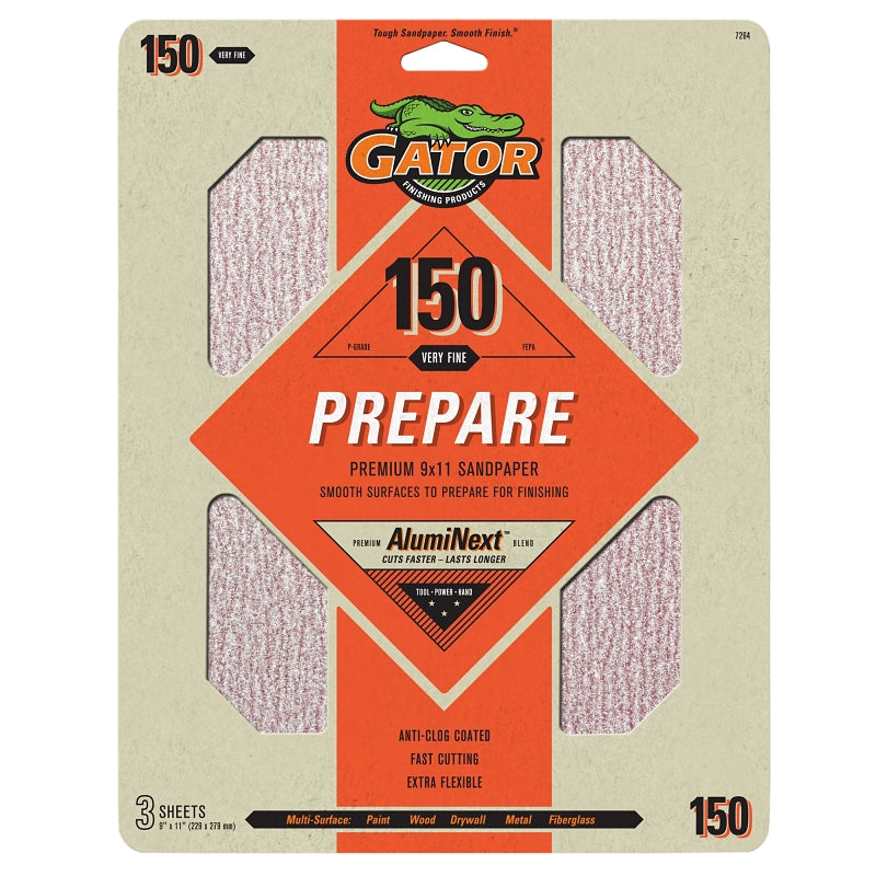 Gator 7264 Sanding Sheet, 9 in W, 11 in L, 150 Grit, Medium, Aluminum Oxide Abrasive, Latex Backing