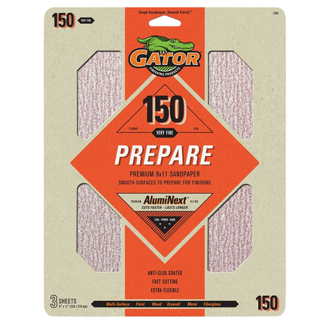 Gator 7264 Sanding Sheet, 9 in W, 11 in L, 150 Grit, Medium, Aluminum Oxide Abrasive, Latex Backing
