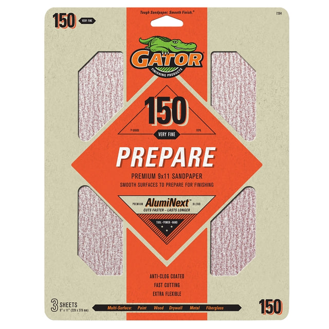 Gator 7264 Sanding Sheet, 9 in W, 11 in L, 150 Grit, Medium, Aluminum Oxide Abrasive, Latex Backing