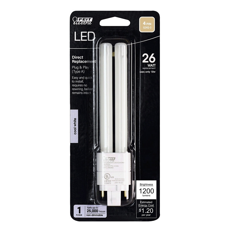 Feit Electric BPPLD26E841LEDG2HDRP LED Bulb, PL Lamp, 26 W Equivalent, G24Q-3 Lamp Base, Non-Dimmable, Cool White