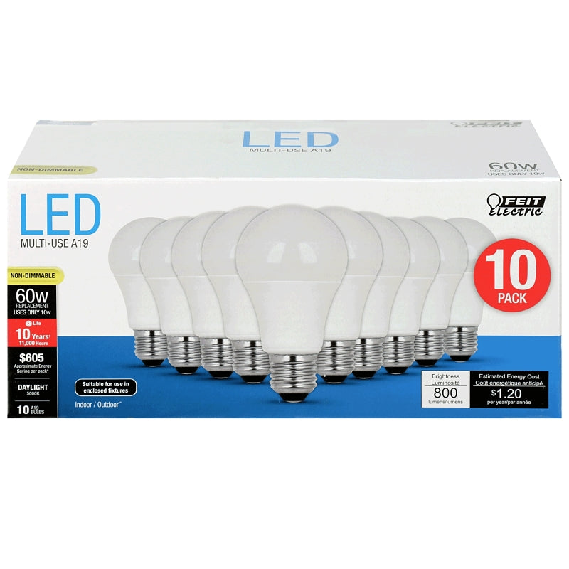 Feit Electric A800/850/10KLED LED Bulb, General-Purpose, A19 Lamp, 60 W Equivalent, E26 Medium Lamp Base, Non-Dimmable