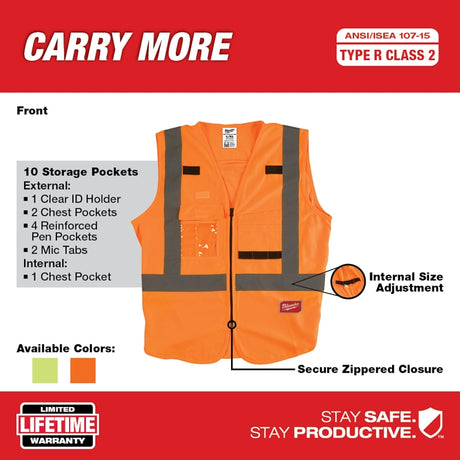 Milwaukee 48-73-5032 Safety Vest, L, XL, Unisex, Fits to Chest Size: 42 to 46 in, Polyester, High-Visibility Orange