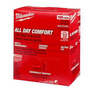 Milwaukee 48-73-3006 Ear Plugs, 32 dB NRR, Tapered, Foam Ear Plug, Red Ear Plug, 100/PK