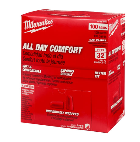 Milwaukee 48-73-3006 Ear Plugs, 32 dB NRR, Tapered, Foam Ear Plug, Red Ear Plug, 100/PK