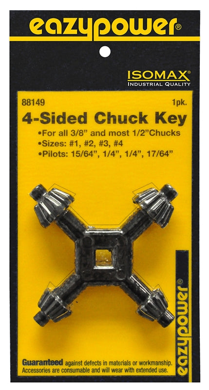 Eazypower 88149 4-Way Chuck Key, #1, #2, #3, #4 Chuck Key, 1/4, 15/64, 17/64 in Pilot, Pack of 6