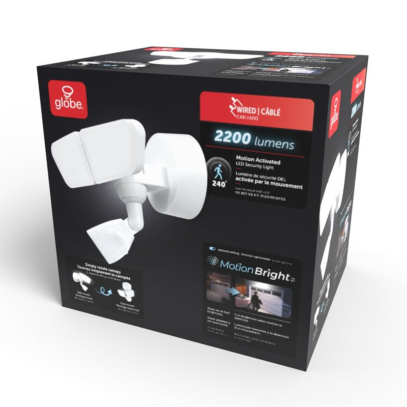 globe 17000203 Security Flood Light, 120 V, 22 W, 2 -Lamp, LED Lamp, Bright White, 2200 Lumens, 4000 K Color Temp