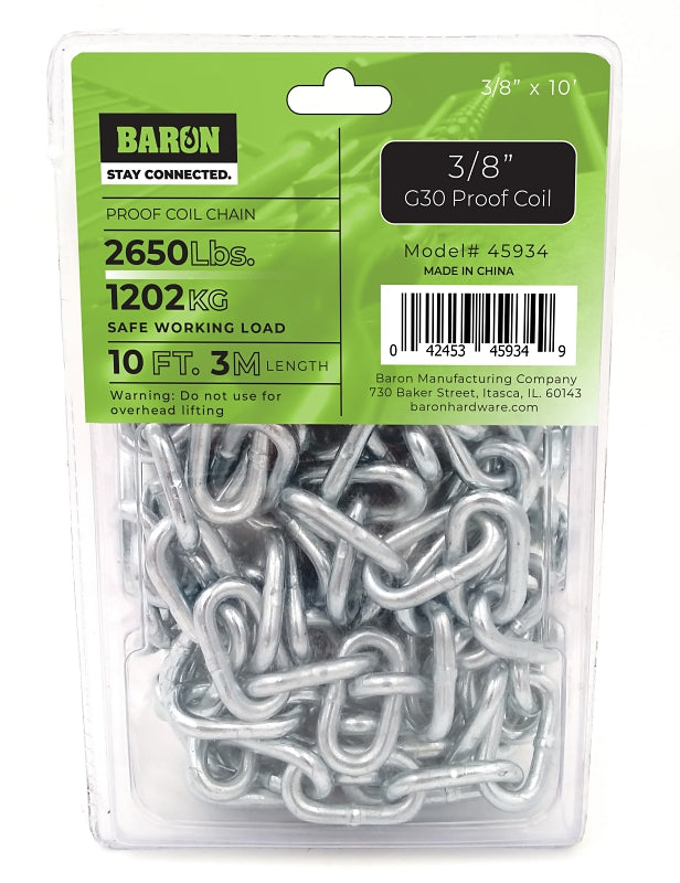 Baron 45934 Proof Coil Chain, 10 ft L, G30 Grade, Steel, Zinc Plated