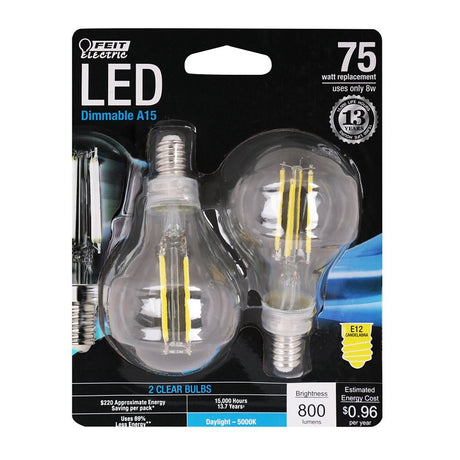 Feit Electric BPA1575C/850/FIL/2 Filament LED Bulb, A15 Lamp, 75 W Equivalent, E12 Candelabra Lamp Base, Dimmable, Clear
