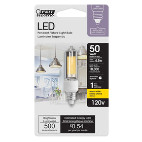 Feit Electric BP50MC/830/LED LED Bulb, Decorative, T4 Lamp, 50 W Equivalent, E11 Lamp Base, Dimmable, Clear, Warm White