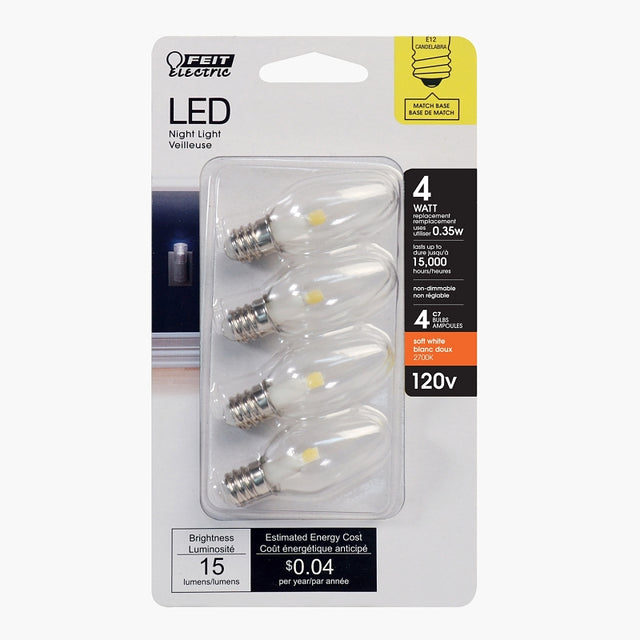 Feit Electric BP4C7/827/LED/4 LED Night Light Bulb, 0.5 W, E12 Candelabra Lamp Base, C7 Lamp, Soft White, 15 Lumens