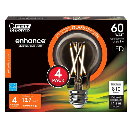 Feit Electric A1960CL927CA/FIL/4 Filament LED Bulb, Type A, 810 Lumens, 9 W, A19 Lamp, 60 W Equivalent, E26 Lamp Base