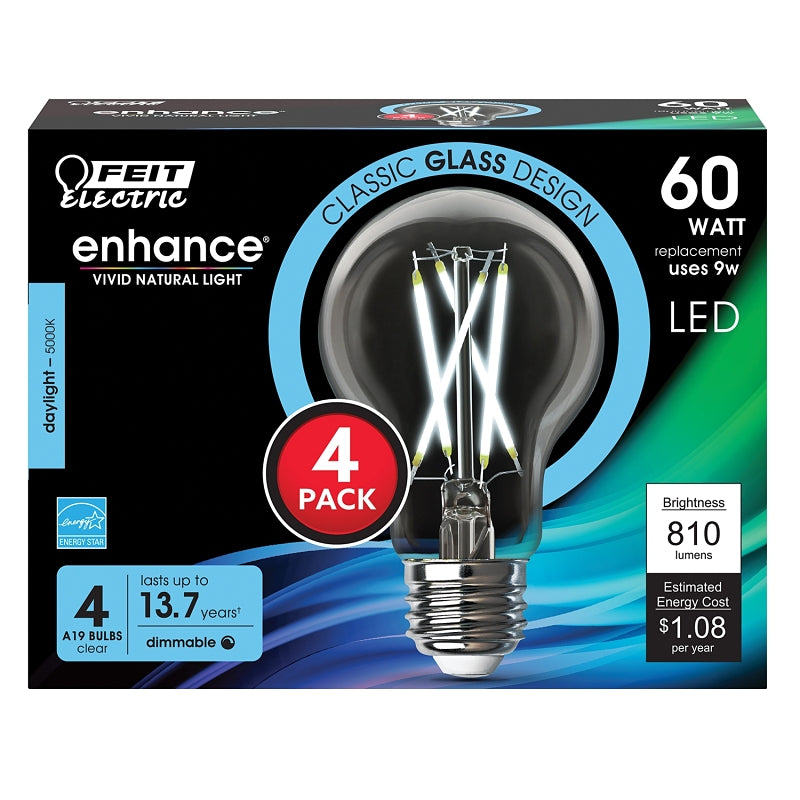 Feit Electric A1960CL950CA/FIL/4 Filament LED Bulb, A19 Lamp, 60 W Equivalent, E26 Medium Lamp Base, Dimmable, Clear