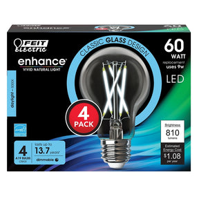 Feit Electric A1960CL950CA/FIL/4 Filament LED Bulb, A19 Lamp, 60 W Equivalent, E26 Medium Lamp Base, Dimmable, Clear