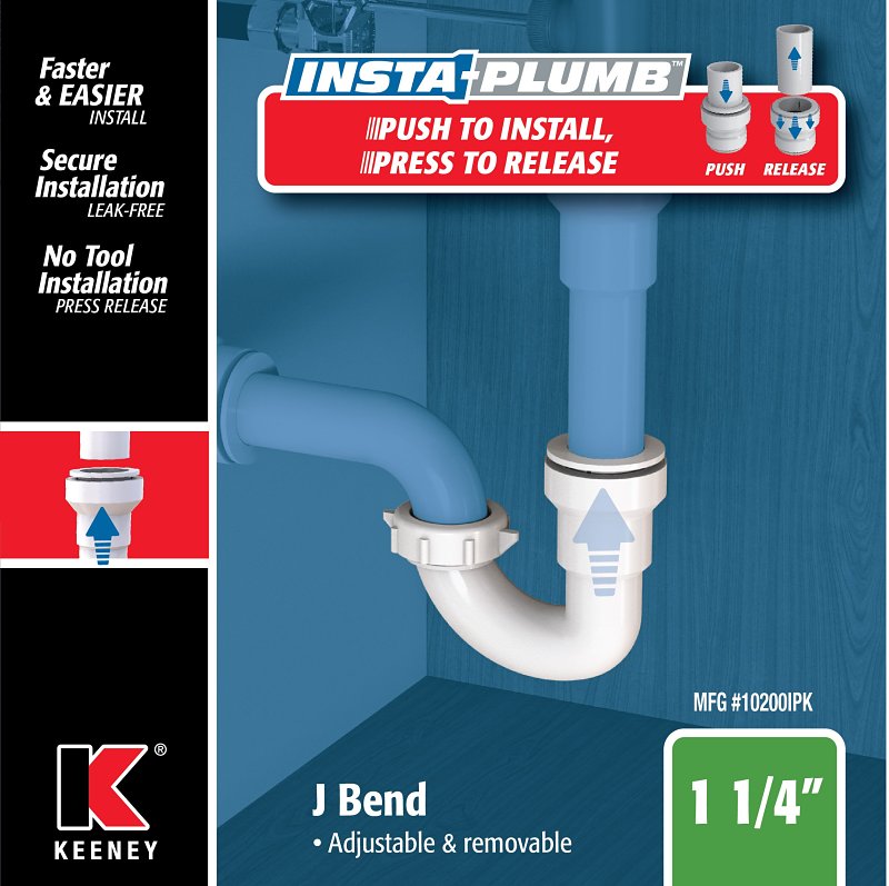 Insta-Plumb 10200IPK J-Bend, 1-1/4 in, Push-To-Connect, Plastic, White