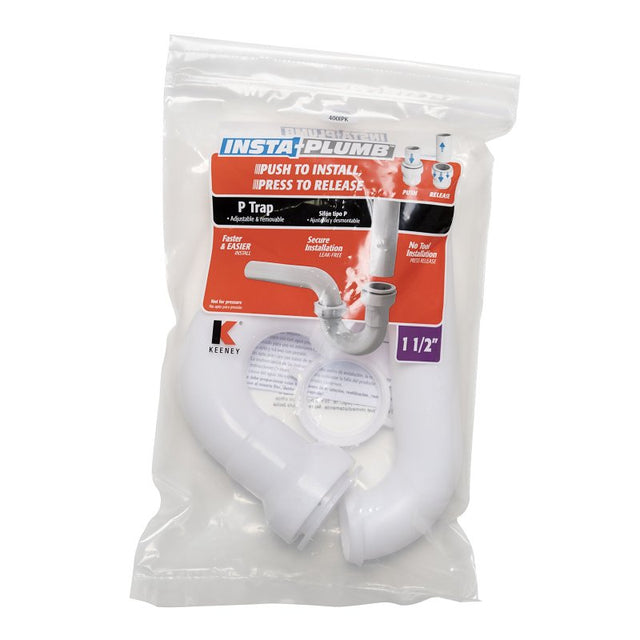 Insta-Plumb 400IPK P-Trap, 1-1/2 in, Push-To-Connect, Plastic, White