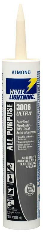 White Lightning W11002010 All Purpose Elastomeric Sealant, Almond, 5 to 7 days Curing, >40 deg F, 10 fl-oz, Cartridge, Pack of 12