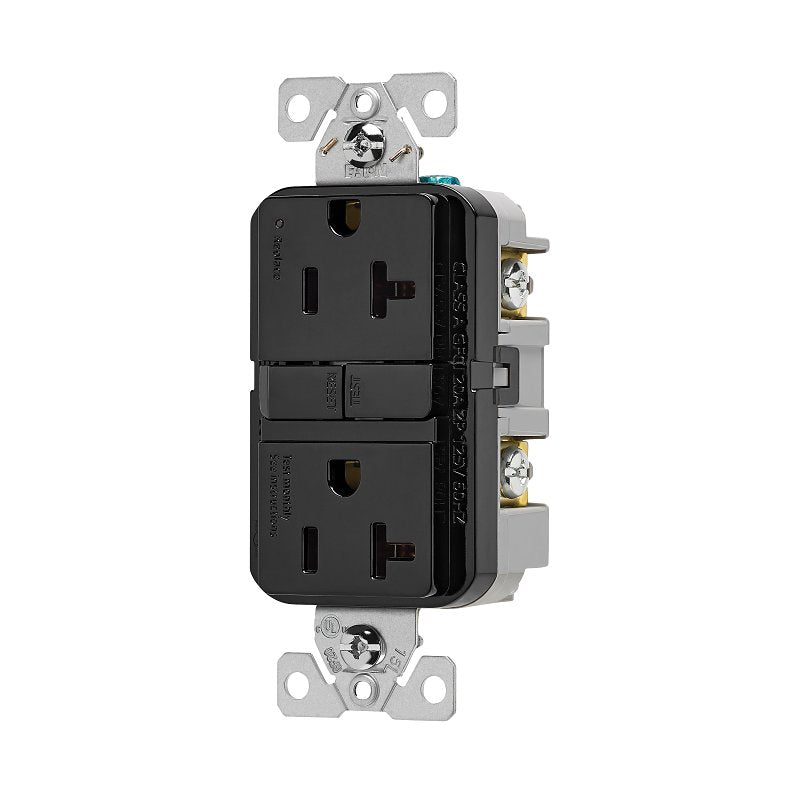 Eaton GF20BK GFCI Receptacle, 125 V, 20 A, NEMA: NEMA 5-20R, Back, Side Wiring, Black