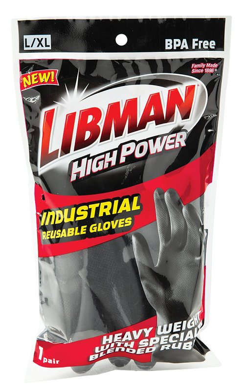 Libman 1244 Industrial-Grade Reusable Gloves, L, Rubber, Black