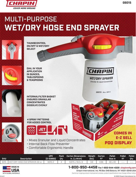 Chapin G6015 Wet/Dry Hose End Sprayer, 32 oz Cup