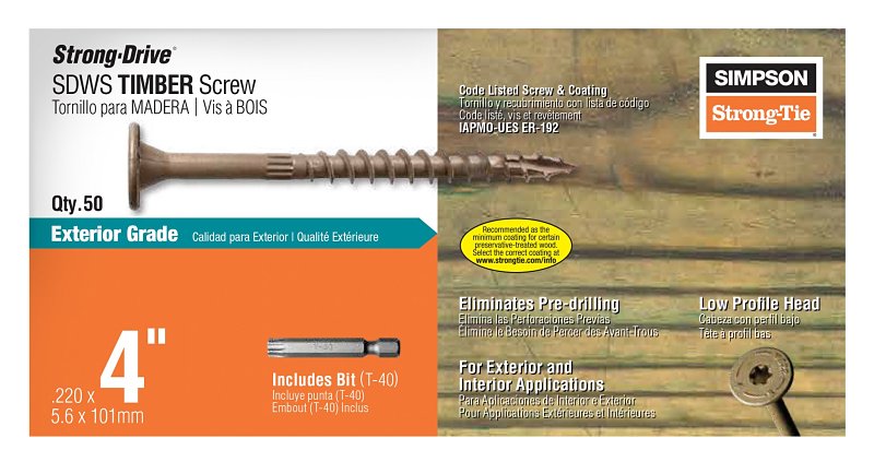 Simpson Strong-Tie Strong-Drive SDWS SDWS22400DB-R50 Timber Screw, 4 in L, Serrated Thread, Washer Head, Steel, Tan