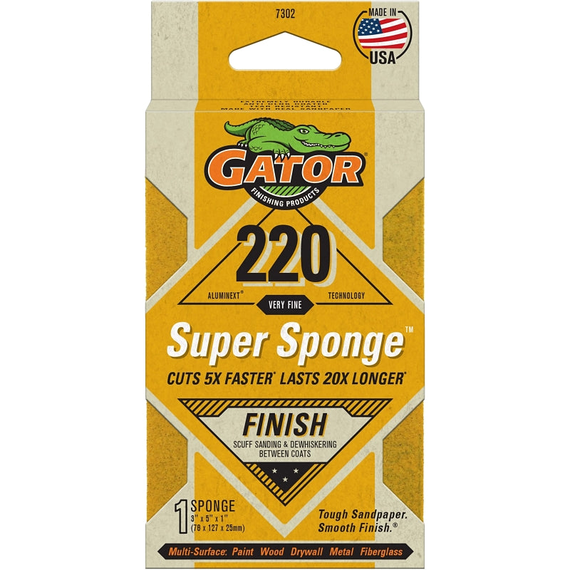 Gator 7302 Sanding Sponge, 5 in L, 3 in W, 220 Grit, Aluminum Oxide Abrasive, Jumbo Size