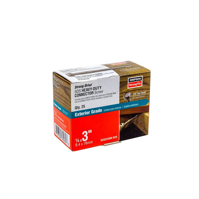 Simpson Strong-Tie Strong-Drive SDS SDS25300-R25 Connector Screw, 3 in L, Serrated Thread, Hex Head, Hex Drive
