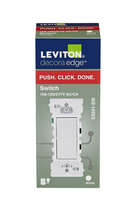 Decora Edge Series E5601-0SW Residential-Grade Rocker Switch, 15 A, 120/277 VAC, Side Lever Terminal, White