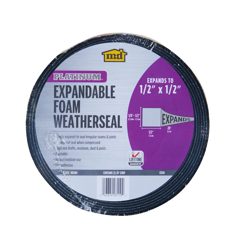 M-D 03110 Expandable Weatherseal, 1/2 in W, 20 ft L, 1/2 in Thick, Foam, Black