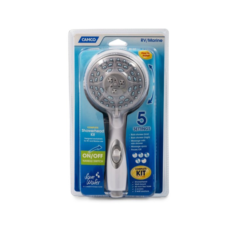Camco USA 43714 Shower Head Kit with On/Off, Round, 2.5, 1.7 gpm, 1/2 in Connection, 5-Spray Function, 4 in Dia, 9 in L