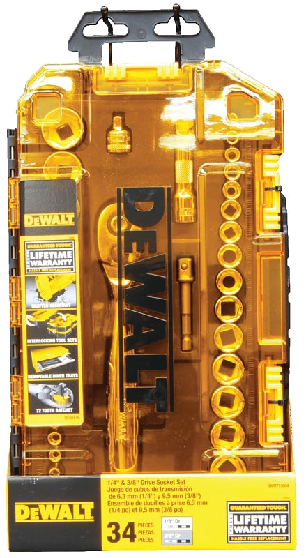 DEWALT DWMT73804 Socket Set, 34-Piece, Chrome Vanadium, Polished Chrome Vanadium