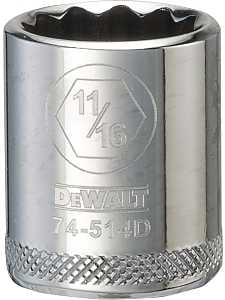 DEWALT DWMT74514OSP Drive Hand Socket, 11/16 in Socket, 3/8 in Drive, 12-Point, Steel, Polished Chrome Vanadium