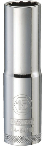 DEWALT DWMT74545OSP Drive Socket, 15 mm Socket, Deep Socket, 3-1/8 in OAL, 1/2 in Drive, 12-Point, Vanadium Steel