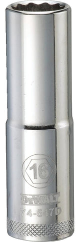 DEWALT DWMT74547OSP Drive Socket, 16 mm Socket, Deep Socket, 3-1/8 in OAL, 1/2 in Drive, 12-Point, Vanadium Steel