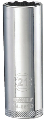 DEWALT DWMT74551OSP Drive Socket, 21 mm Socket, Deep Socket, 3-1/8 in OAL, 1/2 in Drive, 12-Point, Vanadium Steel
