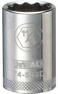 DEWALT DWMT74563OSP Drive Hand Socket, 11/16 in Socket, 1/2 in Drive, 12-Point, Steel, Polished Chrome Vanadium
