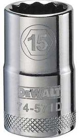 DEWALT DWMT74571OSP Drive Socket, 15 mm Socket, 1-1/2 in OAL, 1/2 in Drive, 12-Point, Vanadium Steel, Polished Chrome
