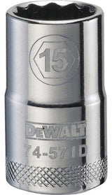 DEWALT DWMT74571OSP Drive Socket, 15 mm Socket, 1-1/2 in OAL, 1/2 in Drive, 12-Point, Vanadium Steel, Polished Chrome