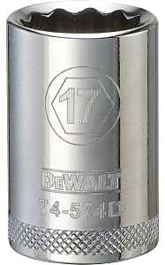 DEWALT DWMT74574OSP Drive Socket, 17 mm Socket, 1-1/2 in OAL, 1/2 in Drive, 12-Point, Vanadium Steel, Polished Chrome