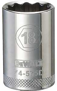 DEWALT DWMT74575OSP Drive Hand Socket, 18 mm Socket, 1/2 in Drive, 12-Point, Steel, Polished Chrome Vanadium